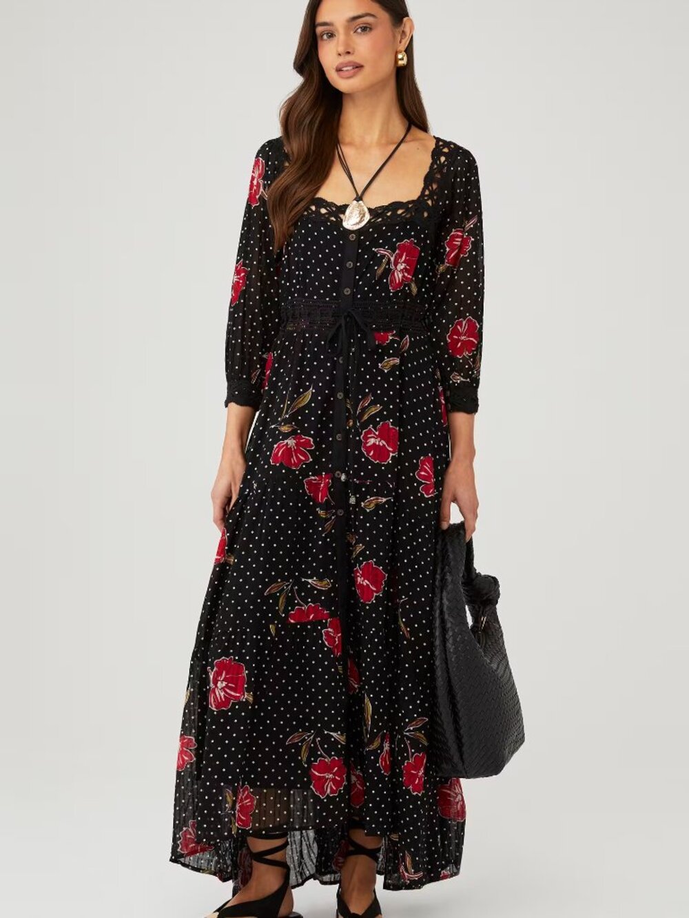 Free People Long Sleeve Maxi Dress Red Pop Combo Size S NWT